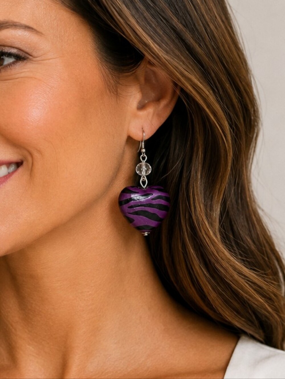 💎 Purple Black Zebra Heart Earrings Silver Tone Beaded Dangle Statement